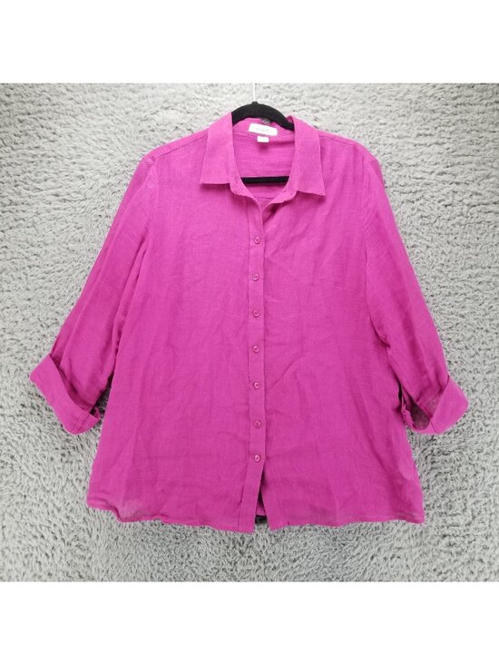 Coldwater Creek Tops - Coldwater Creek Shirt Womens 16 Pink Linen Blend Button Up Roll Tab Sleeve